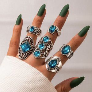 Set of 6 Bohemian Rings Silver Blue One Size